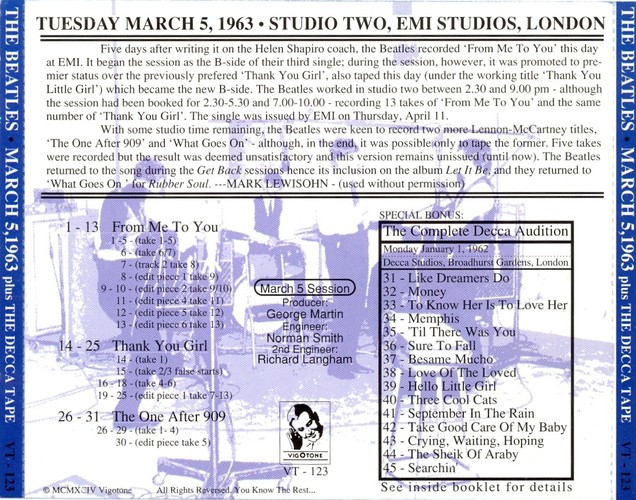 VT-123 - March 5, 1963 Plus The Decca Tape